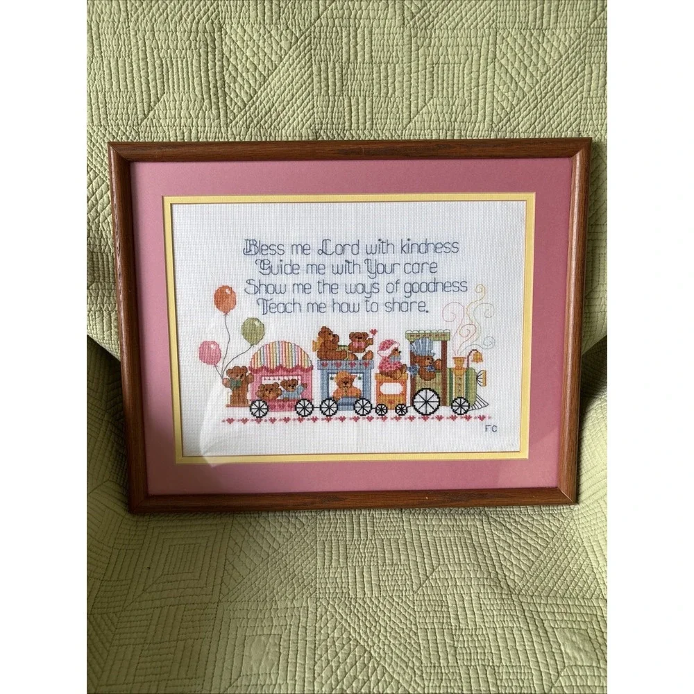 Handmade NeedlePoint Teddy Bear Train Nursery Prayer Wood Framed Wall Art 16x13